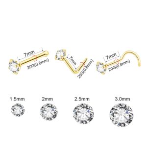 DAILI 20G Gold Nose Rings Studs: Surgical Steel L Shaped Nose Studs Hypoallergenic Corkscrew Nose Rings Tiny CZ Bone Nose Rings for Women Men (12Pcs) (Gold)