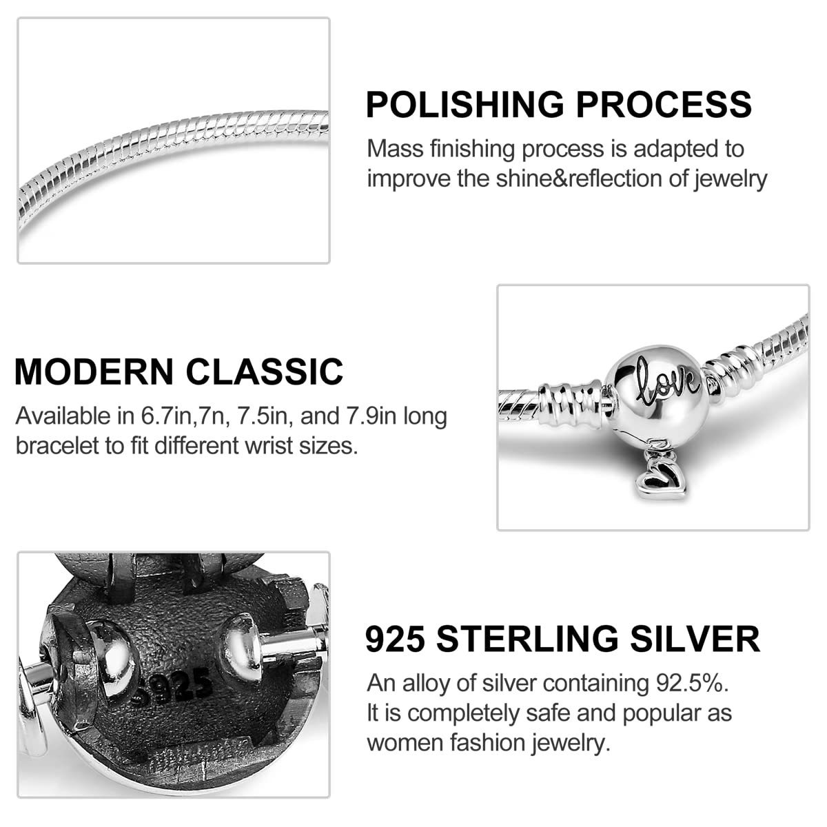 Parmuz Charm Bracelet For Woman 925 Sterling Silver Basic heart clasp Iconic Moments Snake Chain Bracelet Gift for Men Mother