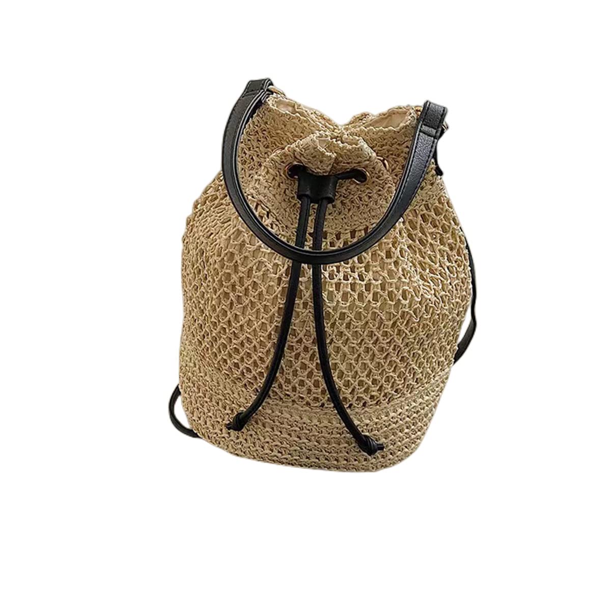 WIGUYUN Women Straw Drawstring Bucket Purse Small Tote Shoulder Handbag Hollow Out Cross-body Bag for Summer,Beach Beige