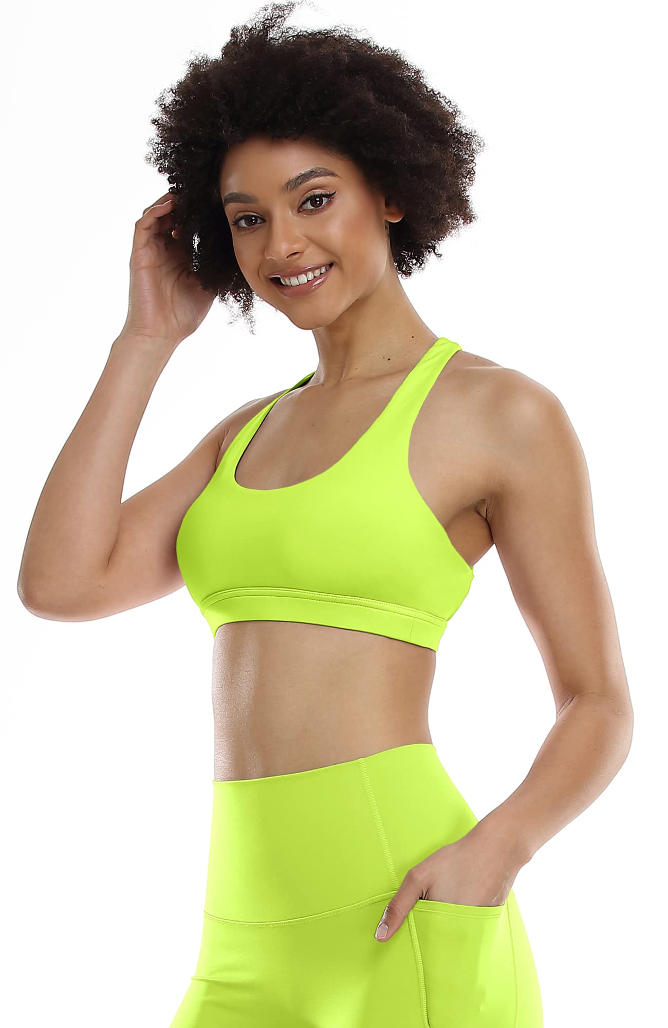 icyzone Padded Strappy Sports Bra Yoga Tops Activewear Workout Clothes for Women (M, Neon Yellow)