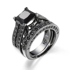 Cute Trendy Jewelry Engagement Black 2-in-1 Silver Womens Wedding Vintage Band Diamond Set Ring Rings Silver Love Ring (Black, One Size)