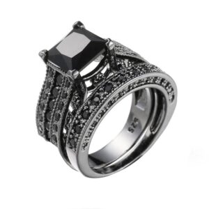 Cute Trendy Jewelry Engagement Black 2-in-1 Silver Womens Wedding Vintage Band Diamond Set Ring Rings Silver Love Ring (Black, One Size)