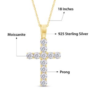 SAVEARTH DIAMONDS 1 Carat Round Cut Lab Created Moissanite Diamond Cross Pendant Necklace In 14k Yellow Gold Plated 925 Sterling Silver With 18" Chain (VVS1 Clarity, 1.00 Cttw)