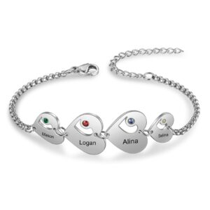 Jewelstruck Personalized Best Friend Bracelet for Women Custom 1-6 Names BFF Bracelets with Simulated Birthstone Friendship Adjustable Love Heart Link Bracelets for Mom (4 birthstones & names)