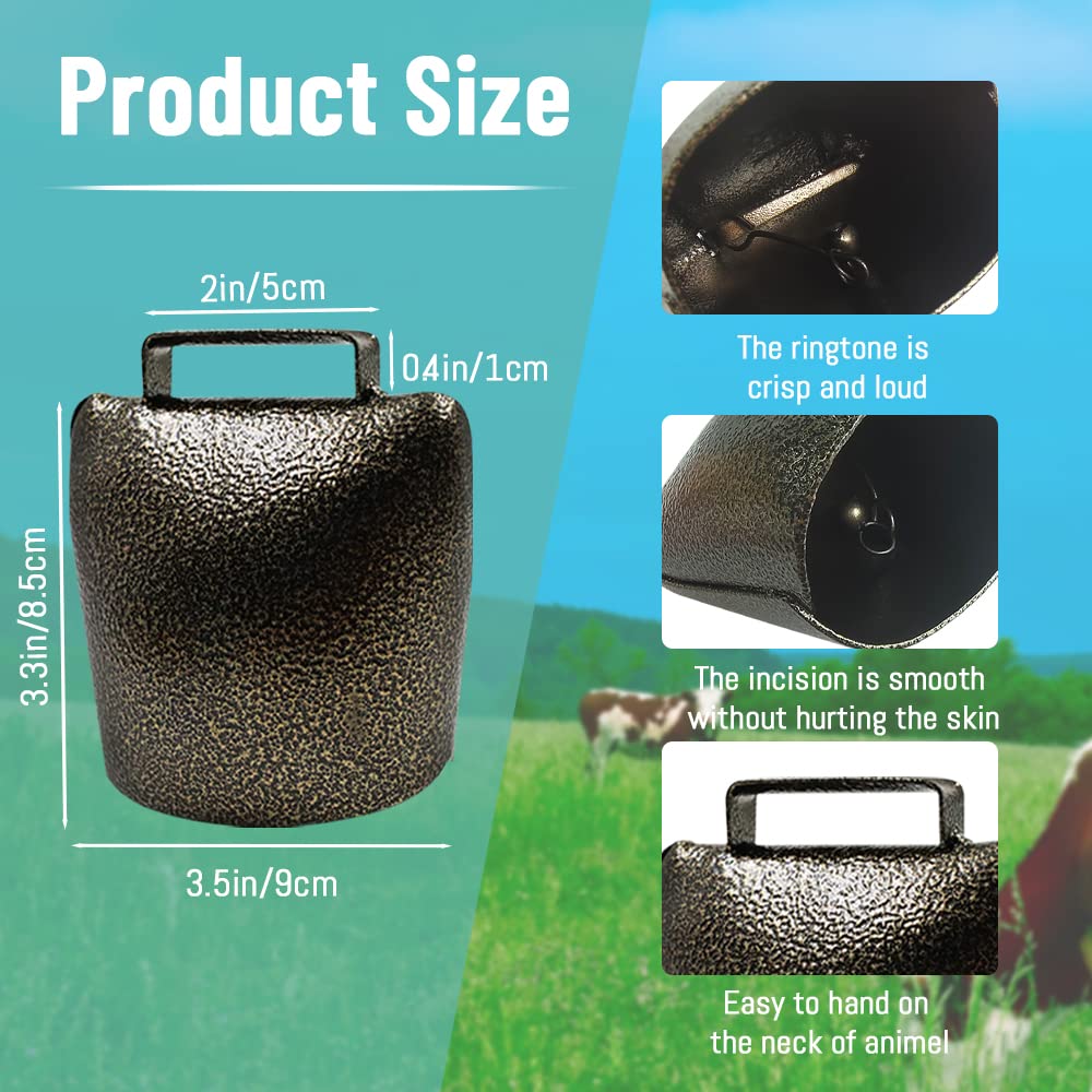 Super Large Metal Cowbell 8.5x9cm/3.35x3.54in, Grazing Bell for Cattle and Horse, Farm Animal Bell, Solid and Loud Noisemaker Cheering Bell for Sporting Events and Games (Bronze)