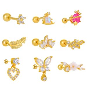 SCORAMAL 9 Pcs Tragus Helix Earrings Cartilage CZ Tragus Piercing Jewelry Butterfly Star Flower Stud Earring for Women Girls (Gold)