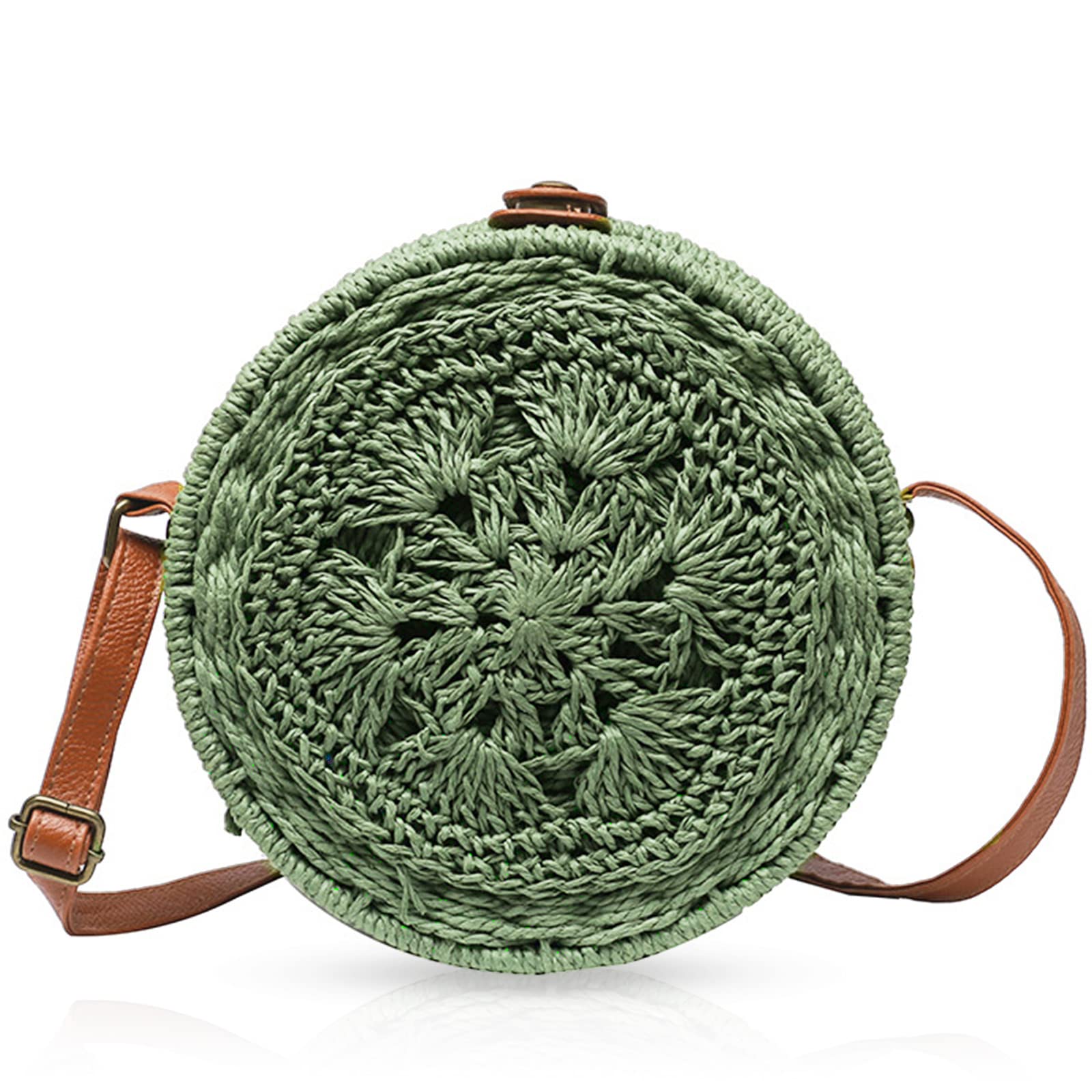 QTKJ Summer Beach bag, Handwoven Straw Bag, Round Hard Case Beach Tote Leather Shoulder Strap Designer Handbags for Women Shoulder Messenger Bag (Green)