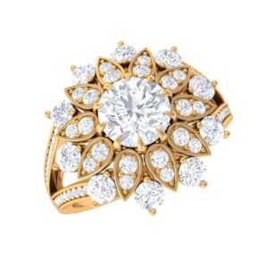 Rosec Jewels Certified Moissanite Diamond Flower Engagement Ring, 6 mm Round Shape Moissanite Floral Ring, D-Vs1 Quality, Ready to Gift, 14K Yellow Gold, Size:US 8.50