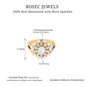 Rosec Jewels Certified Moissanite Diamond Flower Engagement Ring, 6 mm Round Shape Moissanite Floral Ring, D-Vs1 Quality, Ready to Gift, 14K Yellow Gold, Size:US 8.50