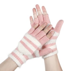 Achiou Winter Fingerless Gloves for Women, Warm Convertible Clamshell Mitten Gloves, Knitted Half Finger Flip Top Gloves Girl