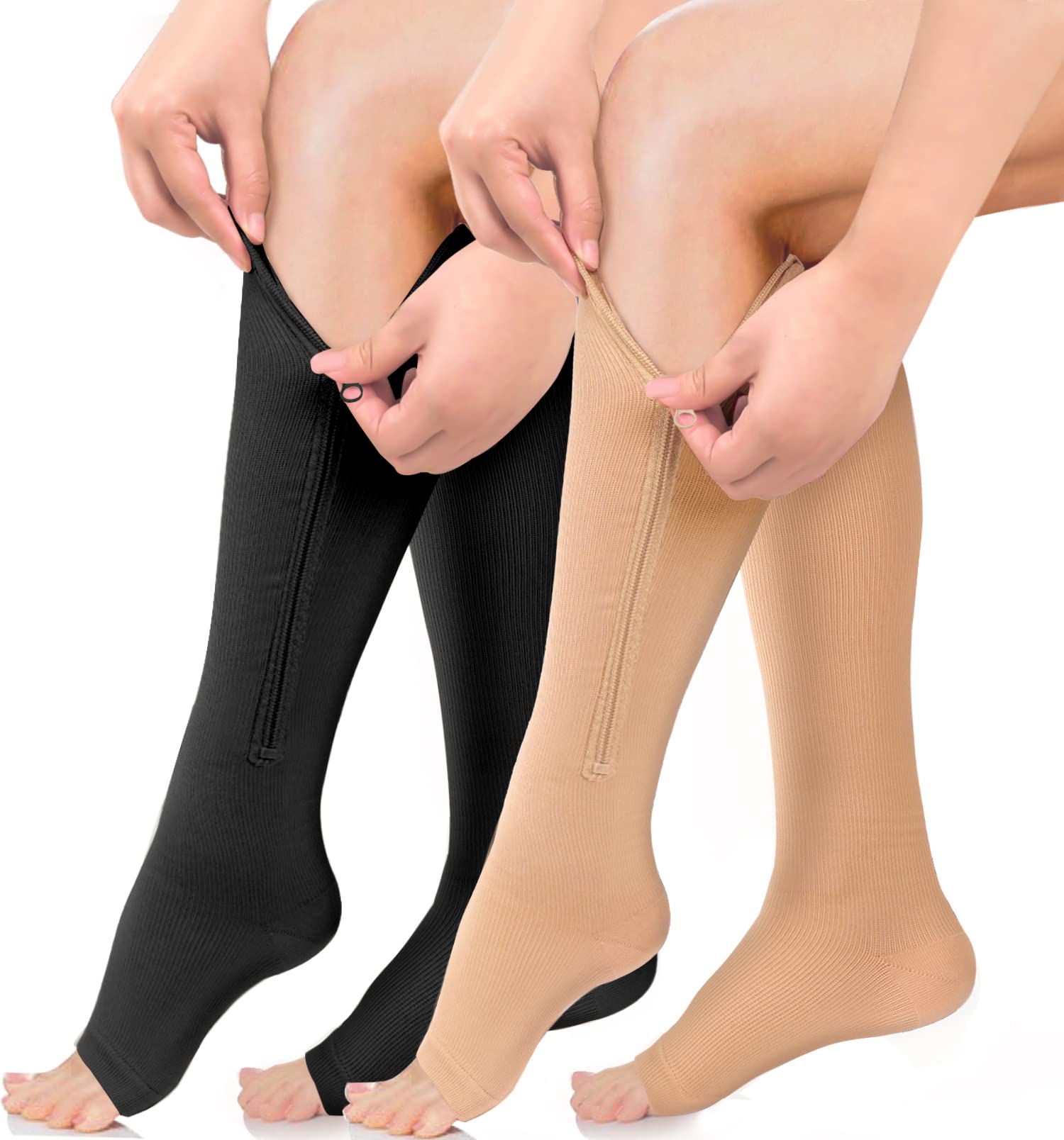 2 Pairs Compression Socks Toe Open Leg Support Knee High Socks with Zipper (Nude+Black, S/M) …