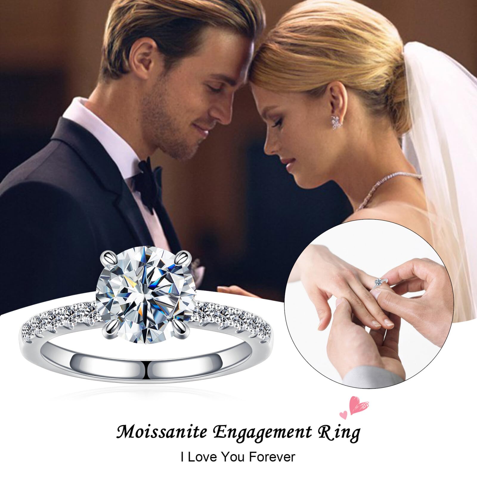 SMILEST 1.5CT Moissanite Engagement Rings for Women, Round D Color VVS1 Clarity Solitaire Moissanite Rings Rhodium Plated 925 Sterling Silver Four Prongs Moissanite Promise Rings for Women Mom Wife