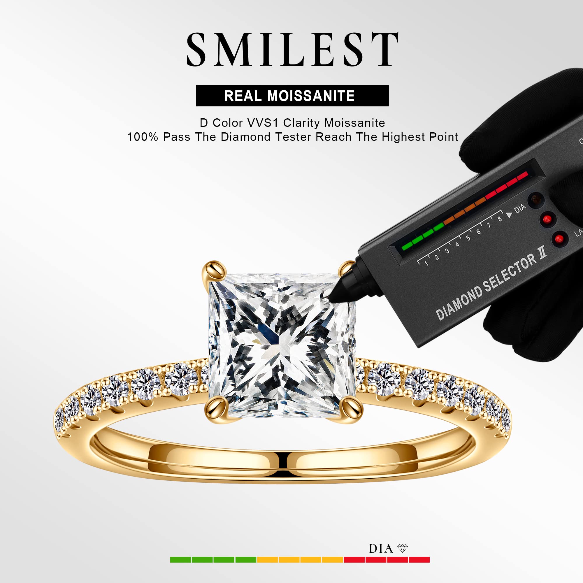 SMILEST Moissanite Engagement Rings for Women, 1.5CT Princess D Color VVS1 Clarity Solitaire Moissanite Rings Gold Plated Solid S925 Sterling Silver Four Prong Moissanite Promise Rings for Women Gifts