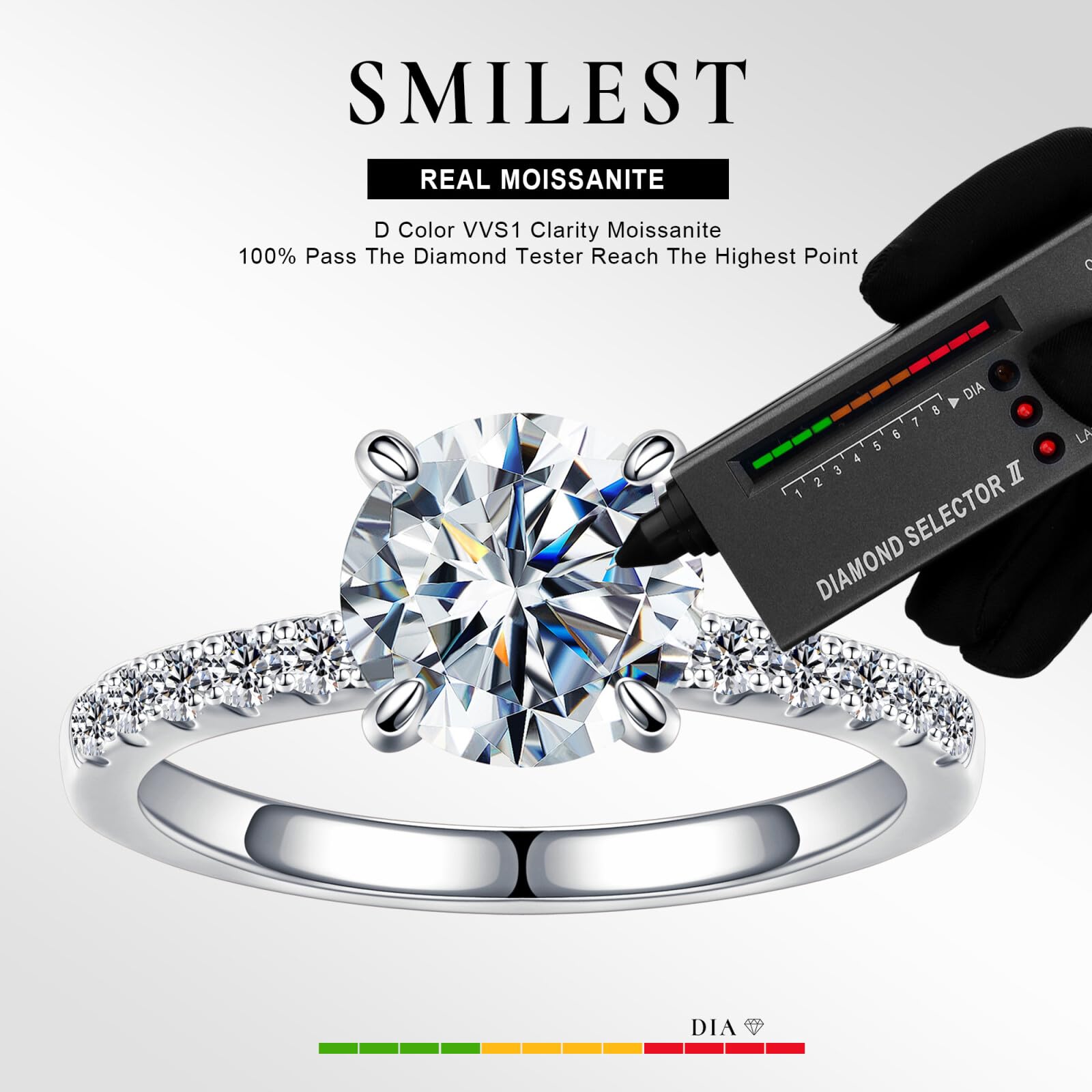 SMILEST 1.5CT Moissanite Engagement Rings for Women, Round D Color VVS1 Clarity Solitaire Moissanite Rings Rhodium Plated 925 Sterling Silver Four Prongs Moissanite Promise Rings for Women Mom Wife