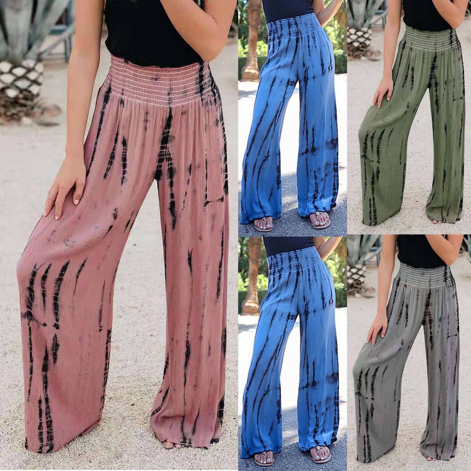 tuduoms Flowy Culottes Women's High Waisted Yoga Hippie Wide Leg Pant Tie Dye Print Lightweight Palazzo Lounge Harem Trousers Blue