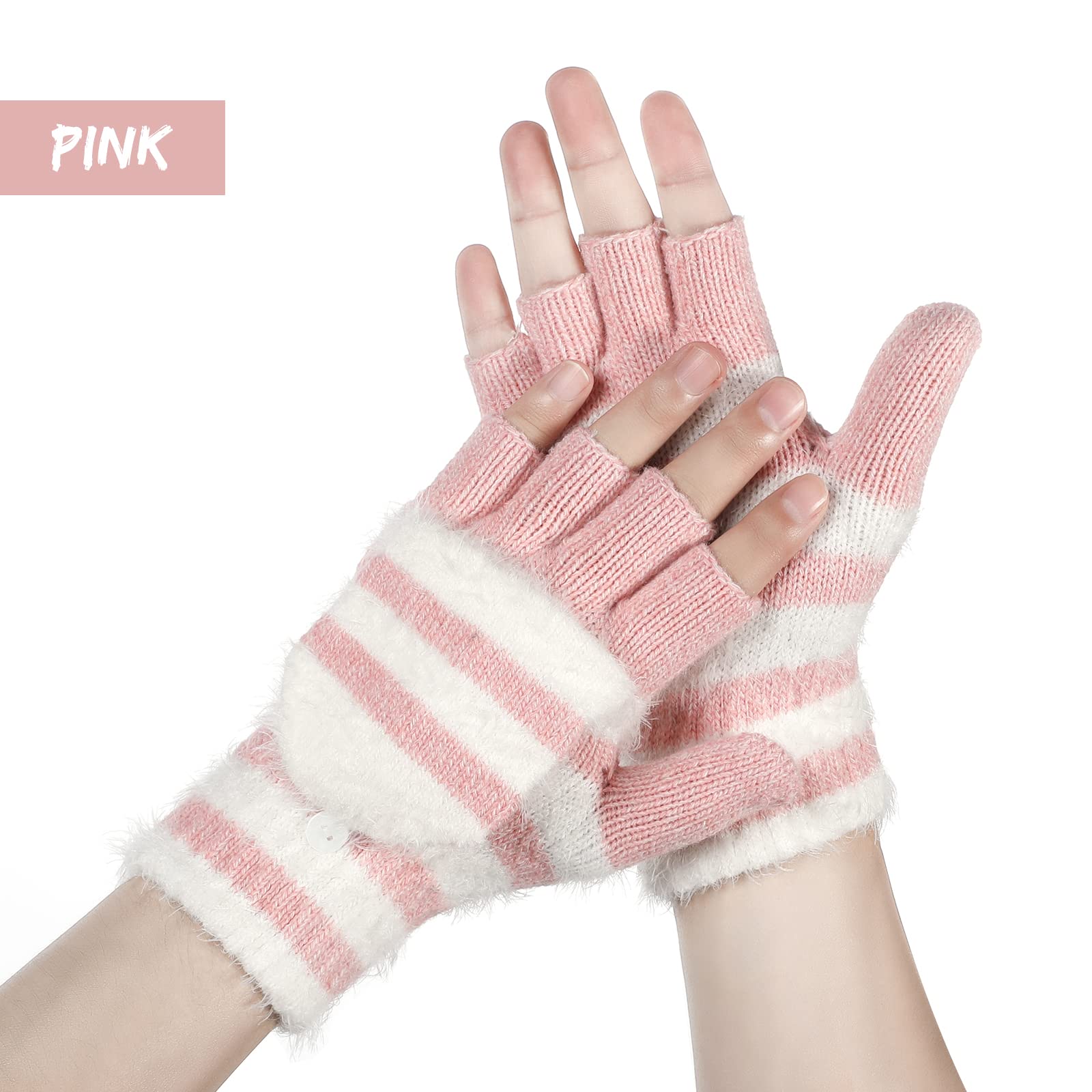 Achiou Winter Fingerless Gloves for Women, Warm Convertible Clamshell Mitten Gloves, Knitted Half Finger Flip Top Gloves Girl