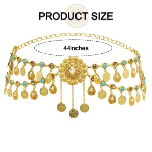 Navoky Crystal Boho Body Chain Gold Coin Pendant Waist Chains Belts Layered Tassel Beads Belly Chains Beach Waist Charm Jewelry Accessories for Women