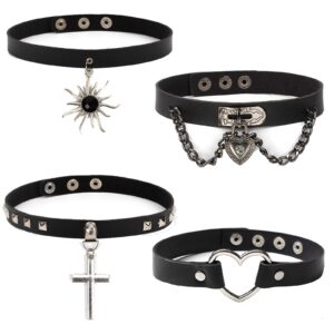 Black Pu Leather 4 Pcs Punk Leather Choker Gothic Accessories Collar for Women Adjustable Heart Cross Gothic Jewelry Gifts Masquerade (A)