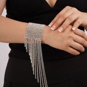 Chargances Silver Glitter Crystal Bangle Bracelet Thinestone Tassle Fringe Bracelet Bling Tennis Cuff Accessories for Women Party Wedding Prom