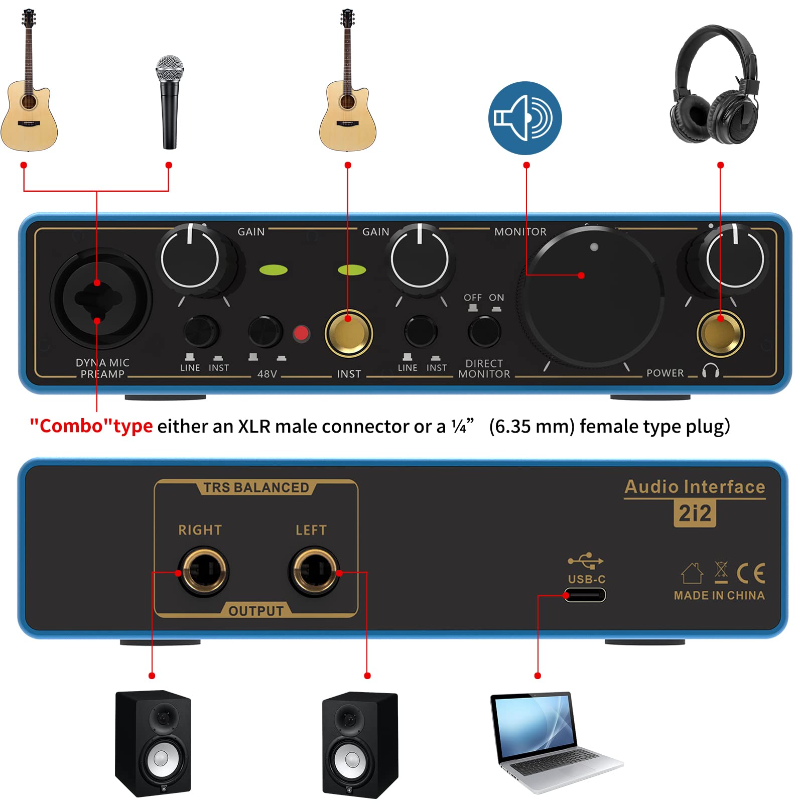 USB Audio Interface, AKLOT Xrl Audio Interfaces, for the Guitarist, Vocalist, Podcaster or Producer, 24-bit/192 kHz High-Fidelity, Studio Quality Recording, 2 In 2 Out Audio Interfaces for PC/Win/Mac