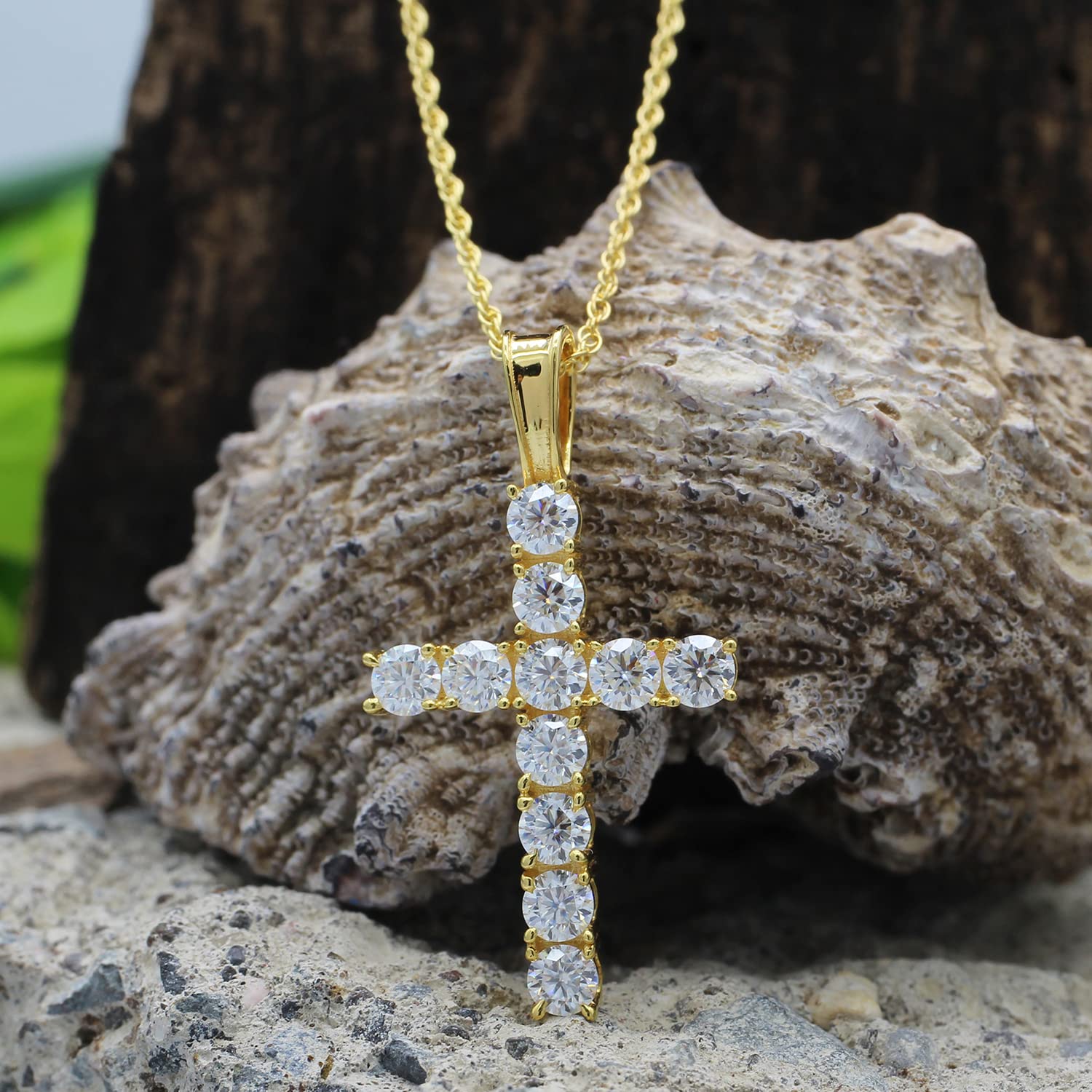 SAVEARTH DIAMONDS 1 Carat Round Cut Lab Created Moissanite Diamond Cross Pendant Necklace In 14k Yellow Gold Plated 925 Sterling Silver With 18" Chain (VVS1 Clarity, 1.00 Cttw)