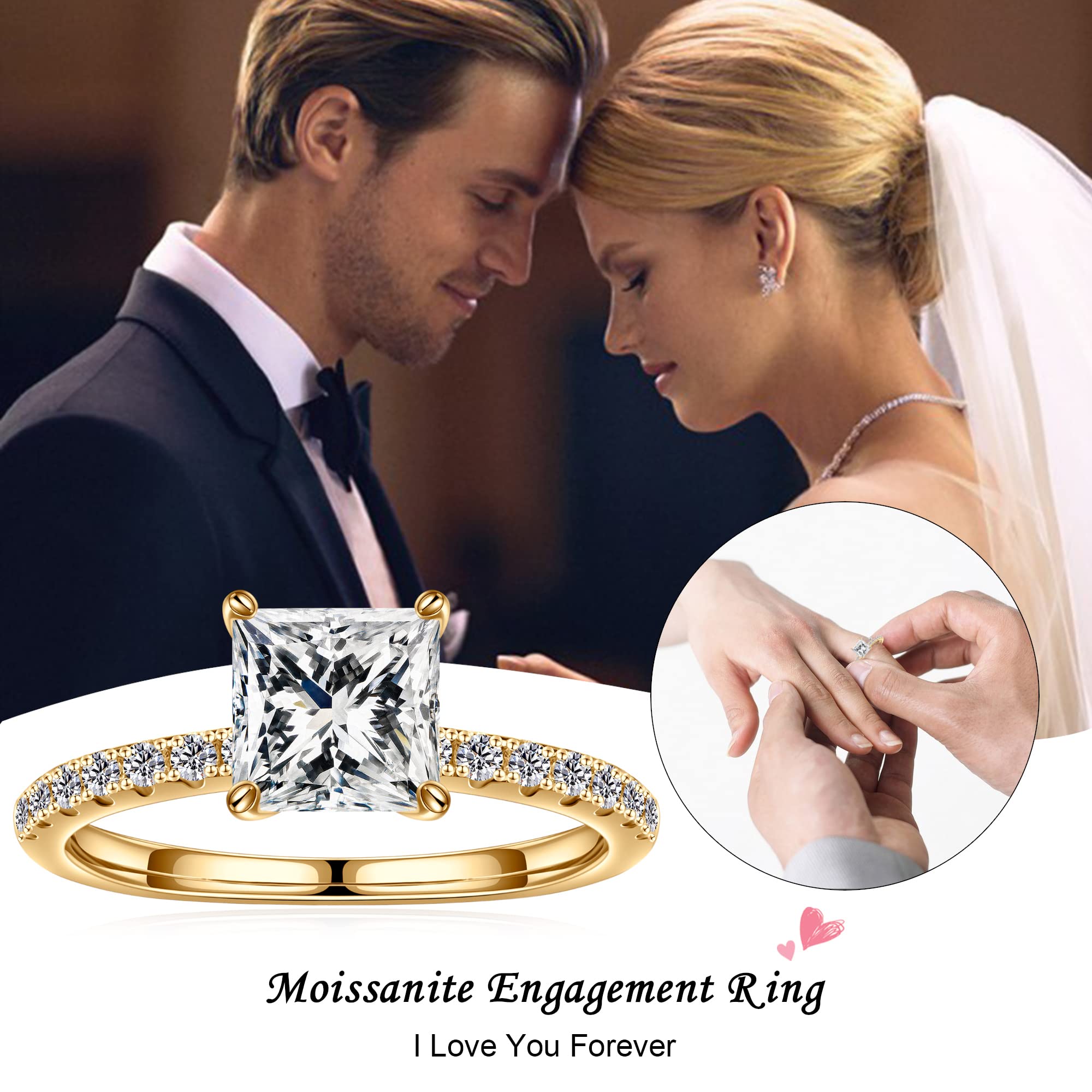 SMILEST Moissanite Engagement Rings for Women, 1.5CT Princess D Color VVS1 Clarity Solitaire Moissanite Rings Gold Plated Solid S925 Sterling Silver Four Prong Moissanite Promise Rings for Women Gifts