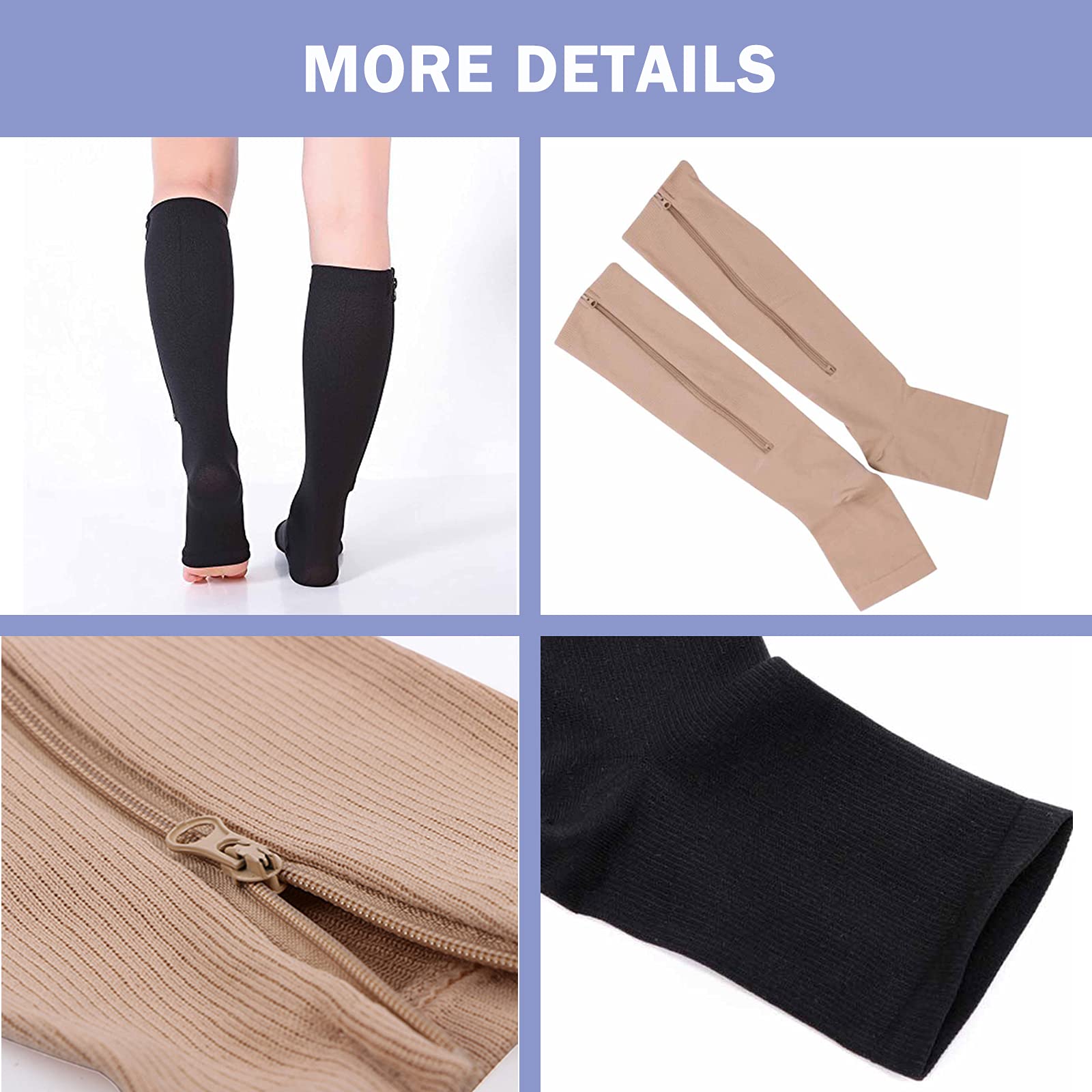 2 Pairs Compression Socks Toe Open Leg Support Knee High Socks with Zipper (Nude+Black, S/M) …