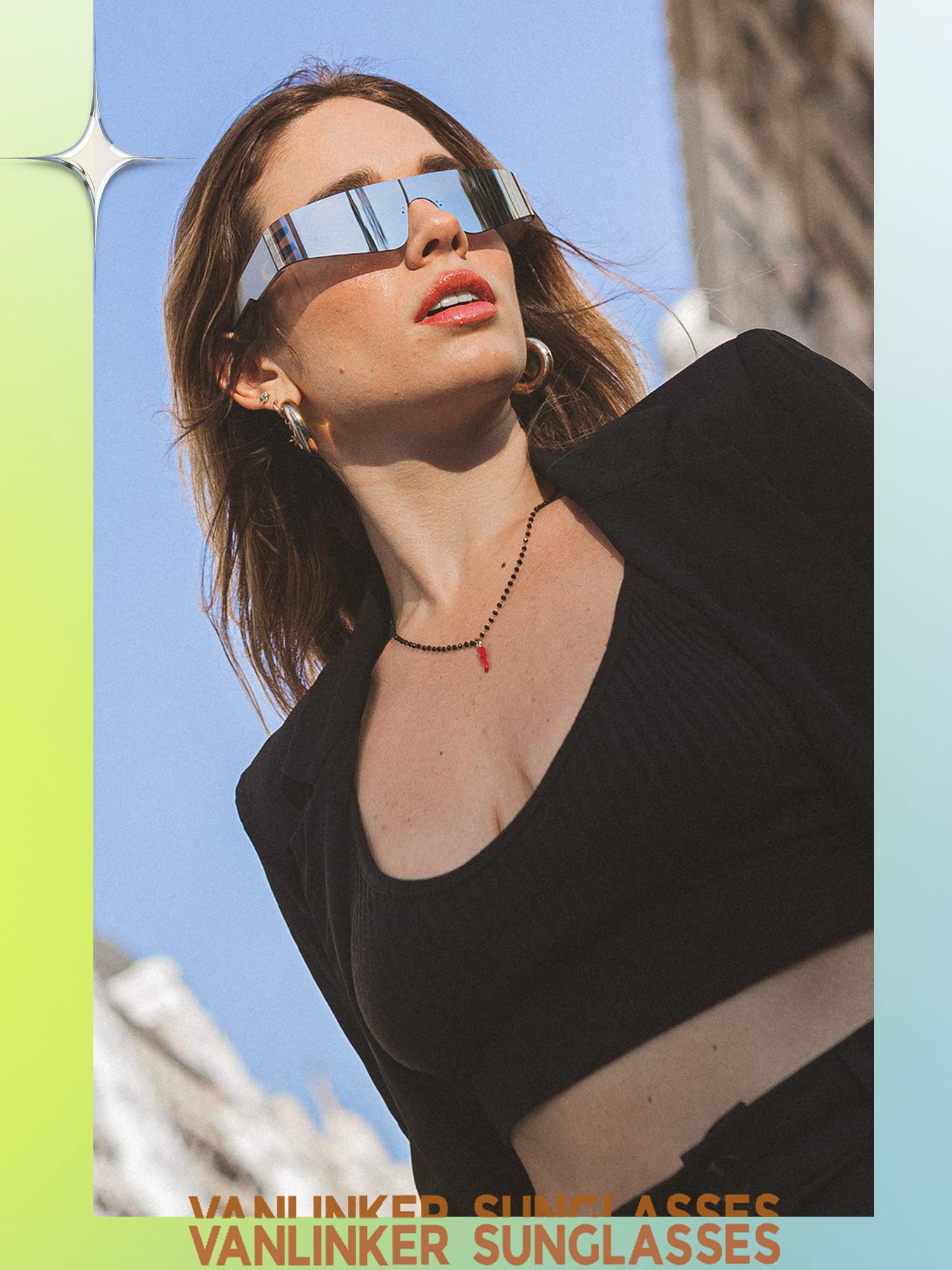 VANLINKER Futuristic Trendy Wrap Around Sunglasses for Women Men Fashion Rimless Visor Rave Shield Y2k Mirrored Shades Silver/Black VL9679