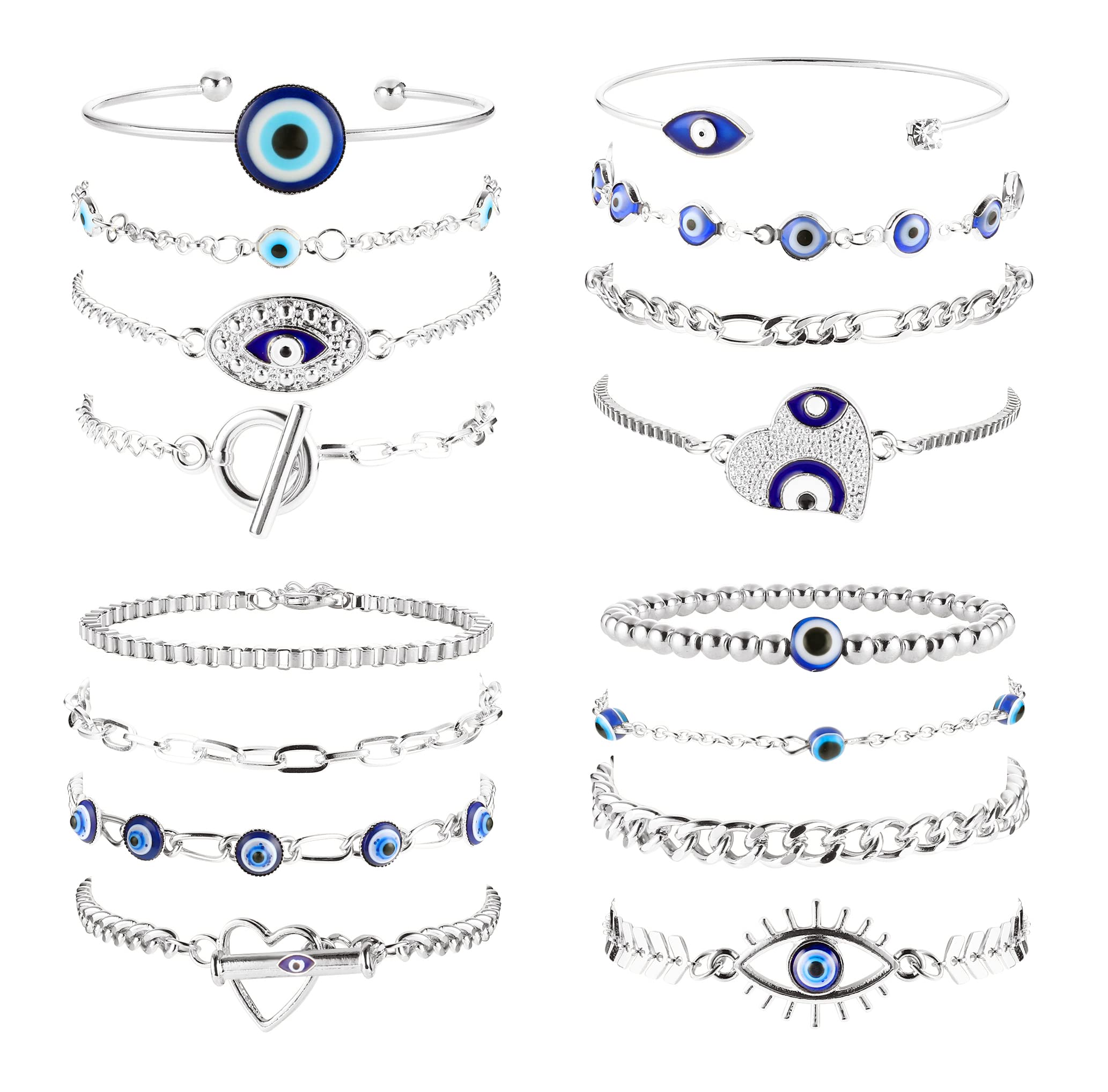 ORAZIO 16Pcs Evil Eye Bracelets for Women Bangle Link Chain Bracelet Set Silver Tone(Style 1)