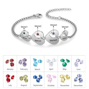 Jewelstruck Personalized Best Friend Bracelet for Women Custom 1-6 Names BFF Bracelets with Simulated Birthstone Friendship Adjustable Love Heart Link Bracelets for Mom (4 birthstones & names)