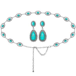 2 pcs concho chain belt silver women turquoise belts flower concho chain belt handmade dangle earrings western style jewelry metal belt for women