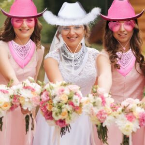 Jecery Bachelorette Party Set: Bride Cowgirl Hat with Veil, 5 Pink Hats, 6 Heart Sunglasses, and 6 White & Pink Bandanas for Last Rodeo