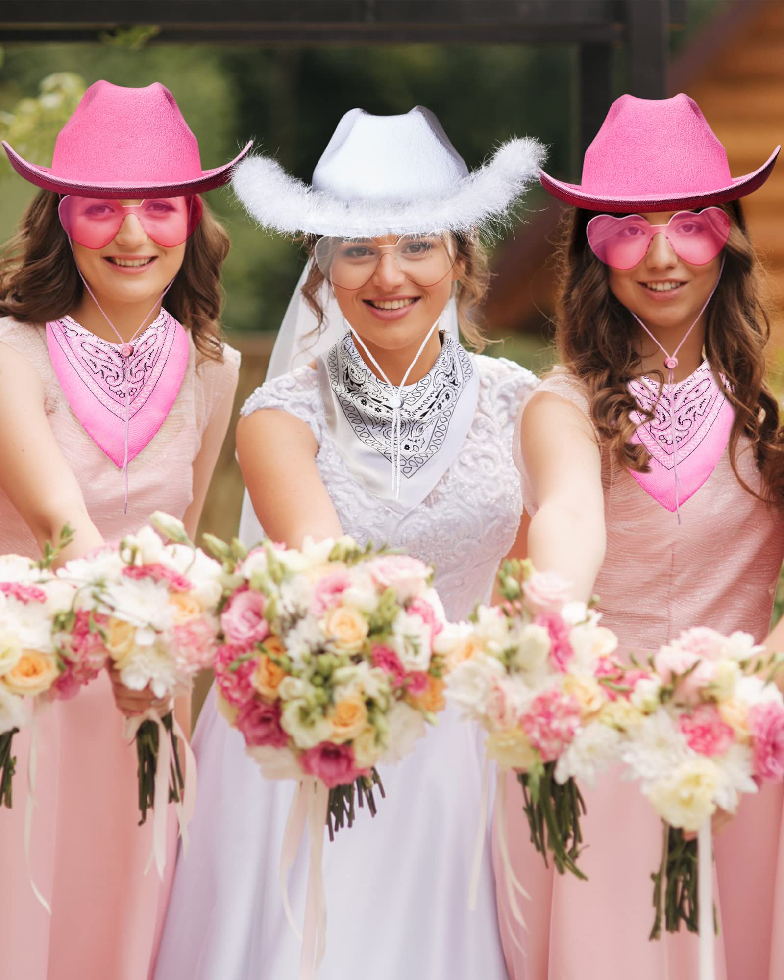 Jecery Bachelorette Party Set: Bride Cowgirl Hat with Veil, 5 Pink Hats, 6 Heart Sunglasses, and 6 White & Pink Bandanas for Last Rodeo