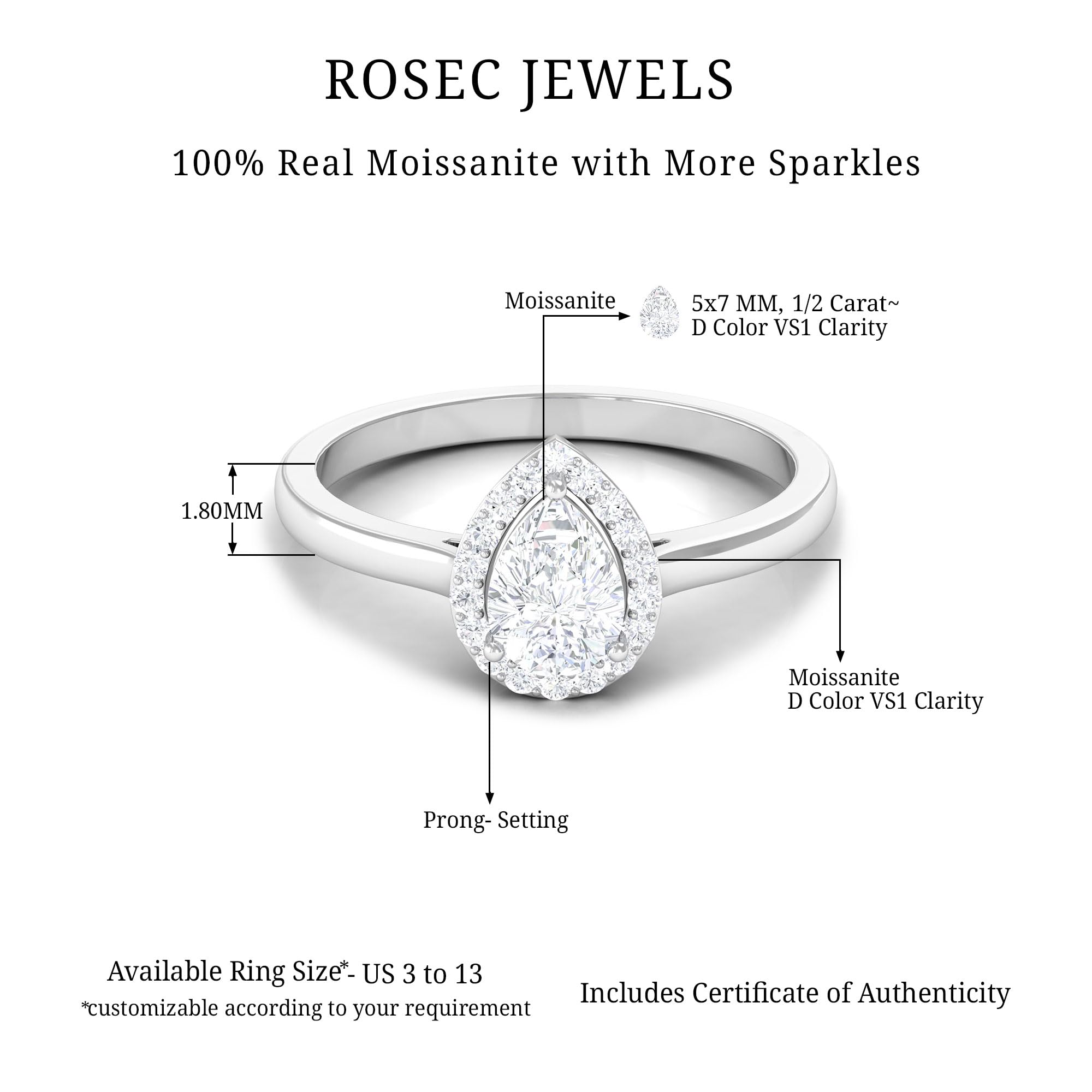 Rosec Jewels Certified Moissanite Halo Engagement Ring for Women, 1 CT Classic Moissanite Teardrop Ring, D Color VS1 Clarity, 14K White Gold, Size:US 7.00