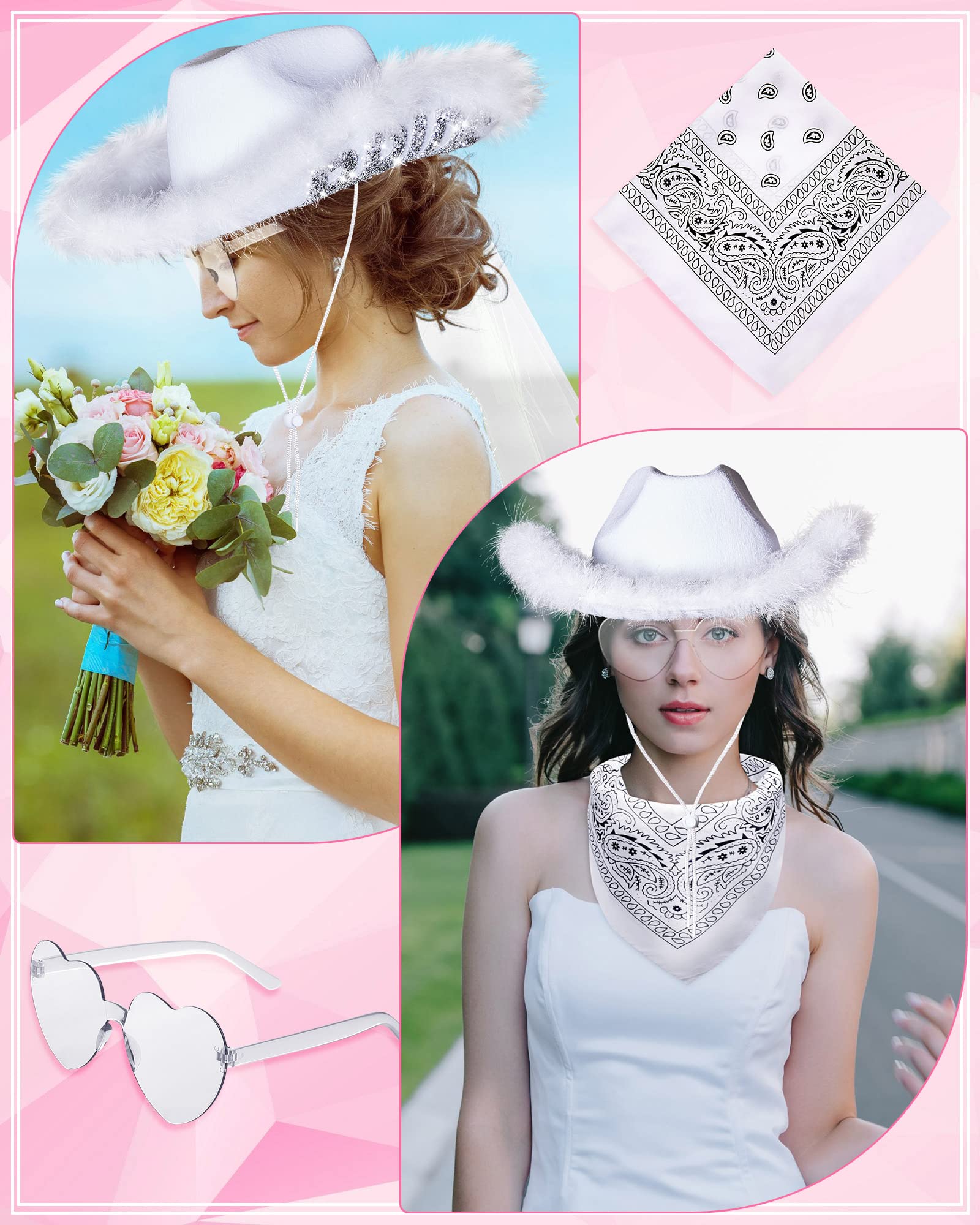 Jecery Bachelorette Party Set: Bride Cowgirl Hat with Veil, 5 Pink Hats, 6 Heart Sunglasses, and 6 White & Pink Bandanas for Last Rodeo