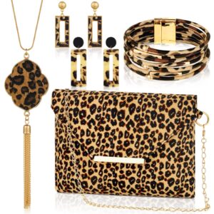 Sotiff 5 Pcs Women Leopard Jewelry Set Statement Leopard Clutch Purse Earring Leather Wrap Bracelets Long Tassel Pendant Necklace (Classic)