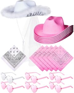 jecery bachelorette party set: bride cowgirl hat with veil, 5 pink hats, 6 heart sunglasses, and 6 white & pink bandanas for last rodeo