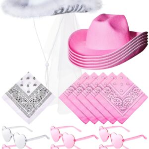 Jecery Bachelorette Party Set: Bride Cowgirl Hat with Veil, 5 Pink Hats, 6 Heart Sunglasses, and 6 White & Pink Bandanas for Last Rodeo