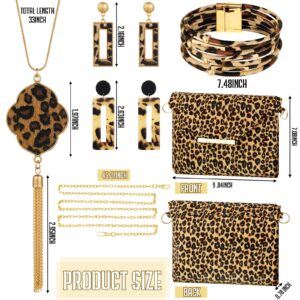 Sotiff 5 Pcs Women Leopard Jewelry Set Statement Leopard Clutch Purse Earring Leather Wrap Bracelets Long Tassel Pendant Necklace (Classic)