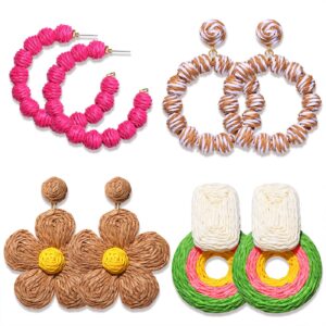 4 Pairs Raffia Earrings Boho Rattan Hoop Dangle Earrings for Women Handmade Straw Wicker Woven Earring Set Summer Beach Jewelry Gifts (4 Pairs Set C)