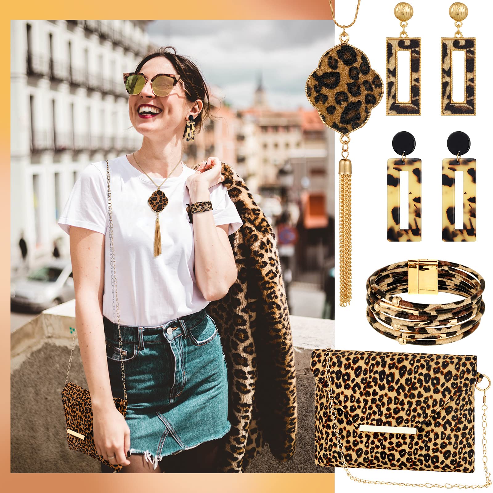 Sotiff 5 Pcs Women Leopard Jewelry Set Statement Leopard Clutch Purse Earring Leather Wrap Bracelets Long Tassel Pendant Necklace (Classic)