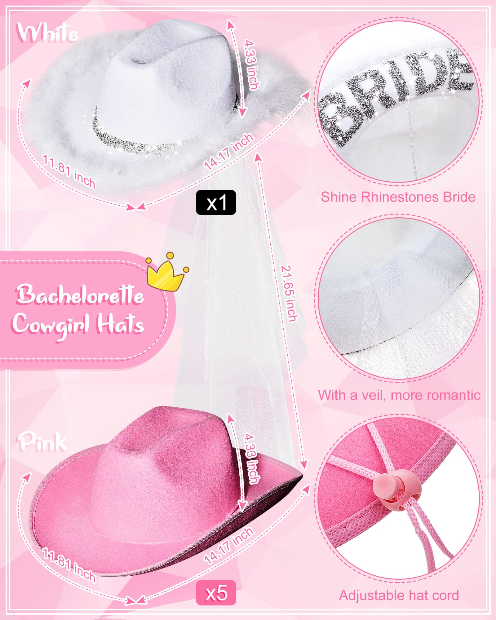 Jecery Bachelorette Party Set: Bride Cowgirl Hat with Veil, 5 Pink Hats, 6 Heart Sunglasses, and 6 White & Pink Bandanas for Last Rodeo