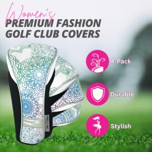 Womens Designer Golf Club Covers 4 Pack - Taboo Fashions Numbered Head Covers for Driver Woods & Hybrid - Weather/Moisture Resistant Protection (Mandala Dreams)