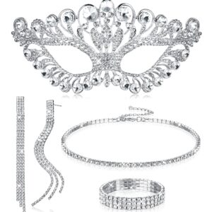 Sanfenly 5 Pieces Rhinestone Crystal Jewelry Set for Women Masquerade Mask Rhinestone Choker Necklace Bracelets Dangle Earrings Set Bridal Jewelry for Wedding Masquerade Prom