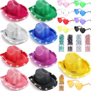 coume 23 pcs cowboy light up hat bulk flashing holographic cowgirl hats with heart sunglasses for women costume accessories(elegant color, delicate style)