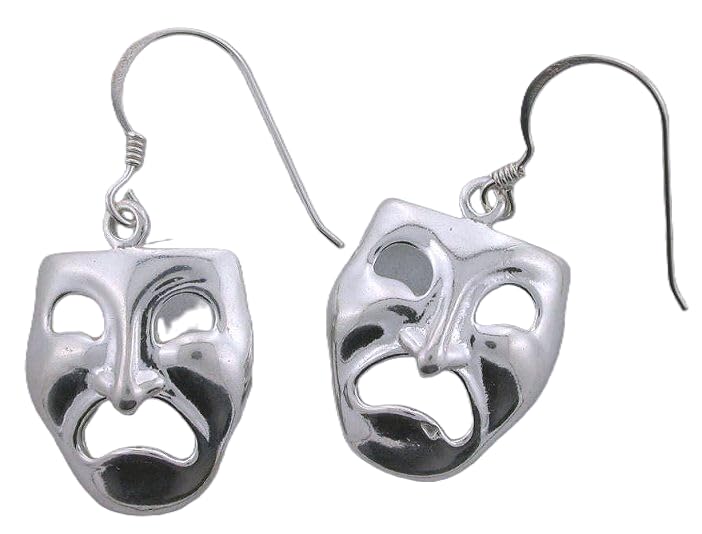 Pair Greek Drama Comedy Tragedy Mask Dangle Earrings .925 Pure Sterling Silver