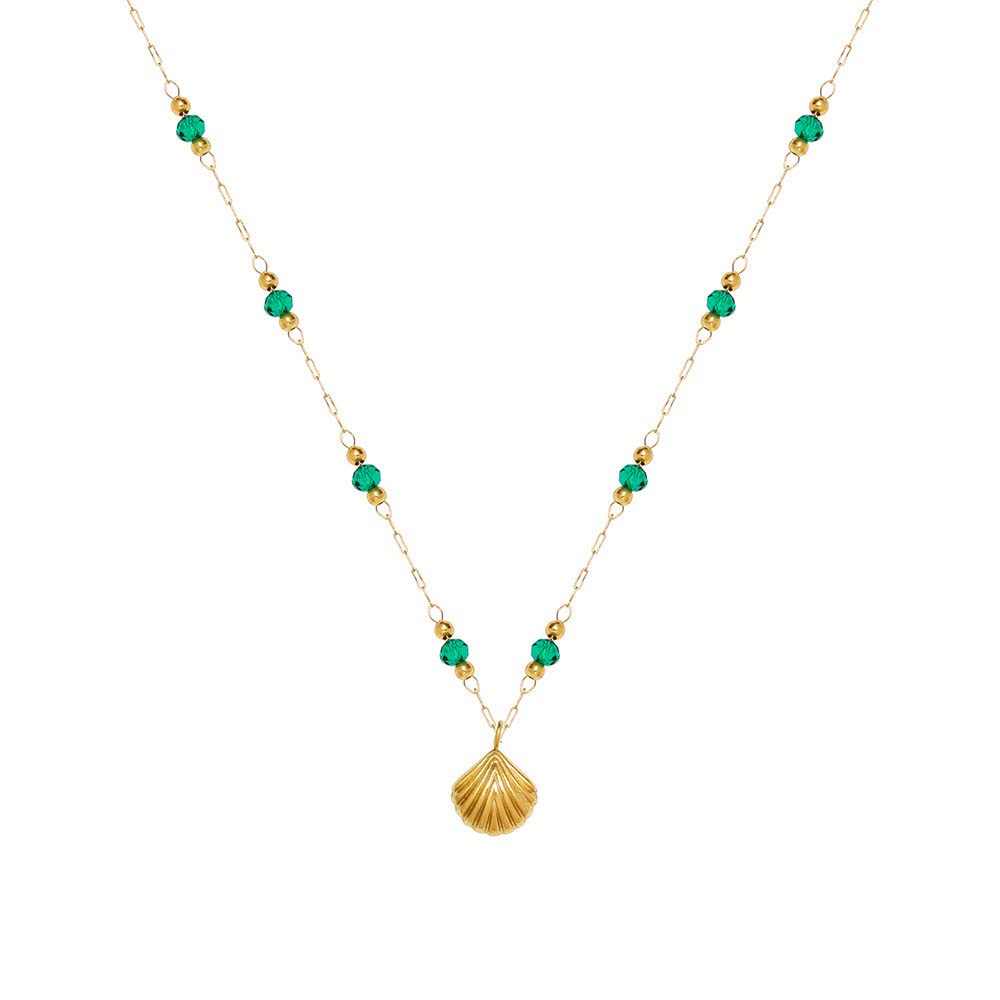 JXGXB Golden Small Shell Necklace, Vintage Hawaii Beach Green Beads 18k Titanium Steel Gold Plated Jewelry