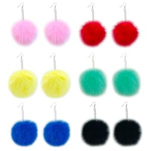 6 pairs pom pom earrings for women faux fur ball fluffy earrings colourful pom earrings (a:pom pom earrings)