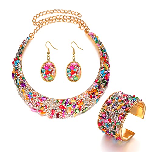 K-toobeely 3pcs Colorful Stone Rhinestone Collar Gold Metal Necklace Sets For Women Bib Choker Collars Necklaces Jewelry Accessories