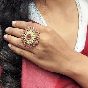 Efulgenz Indian Jewelry Antique Square Faux Pearl Crystal Kundan Bollywood Adjustable Big Finger Ring for Women (Multipack 1)